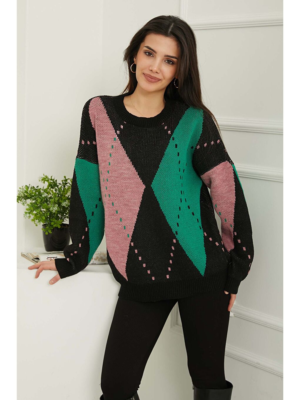 Baklava Desen Triko Kazak D2 Siyah - 27671-4