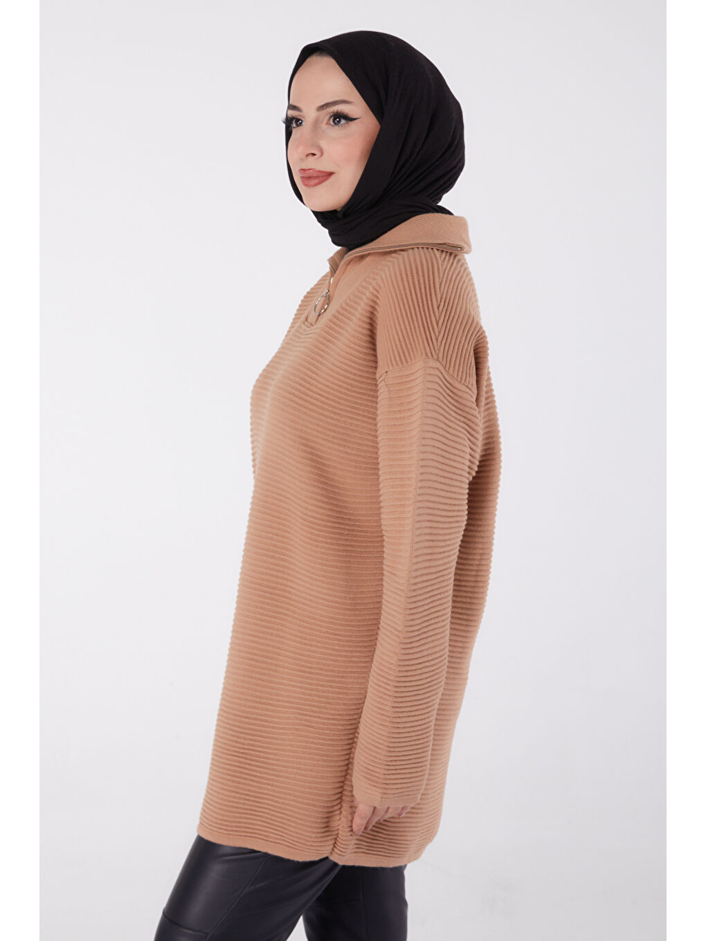 Bej Fitili Fermuarlı Triko Kazak Vizon - 27632-3