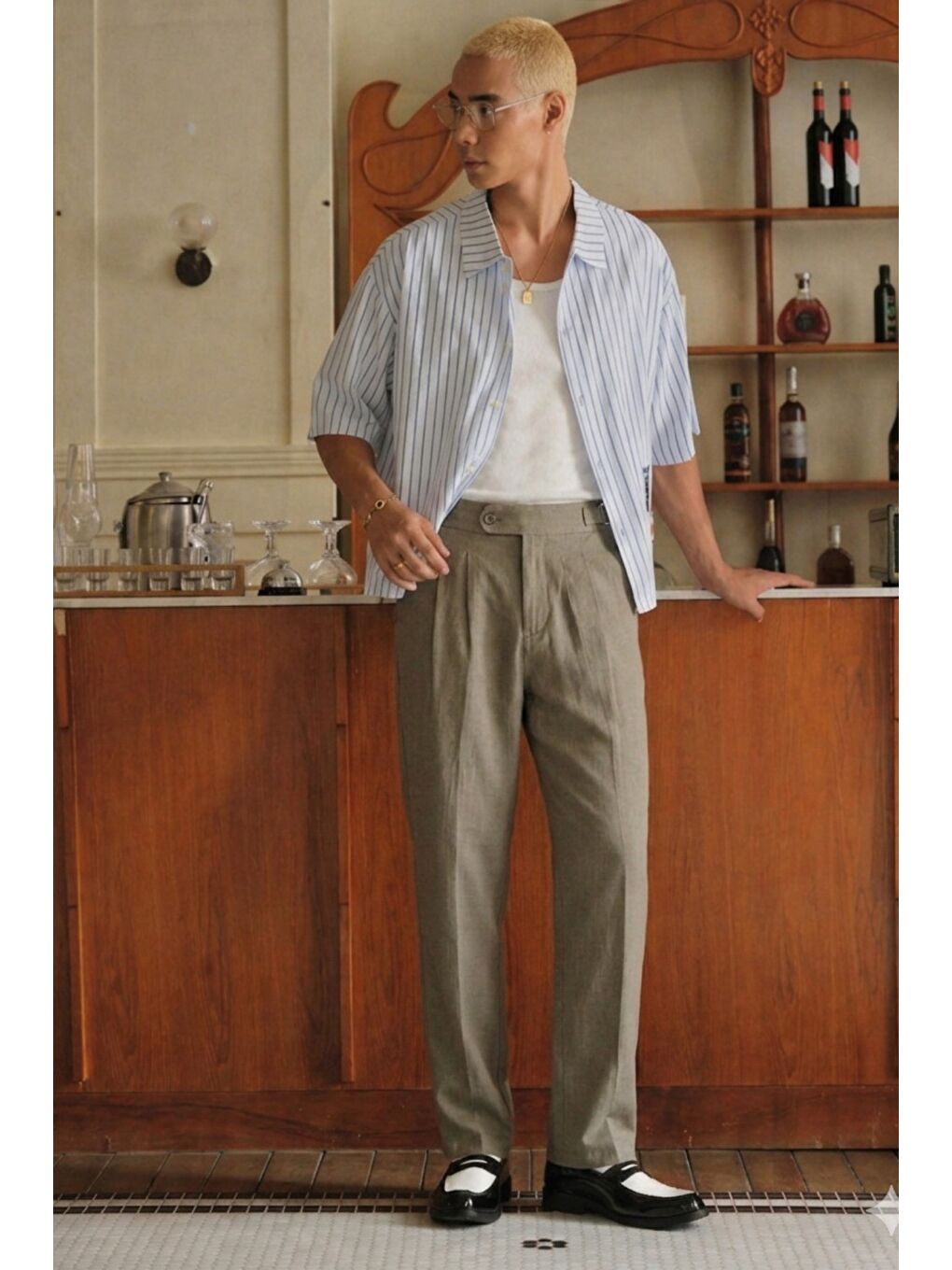 Haki Erkek Pileli Old Money Klasik Kumaş Pantolon Rahat Kalıp Yazlık-1