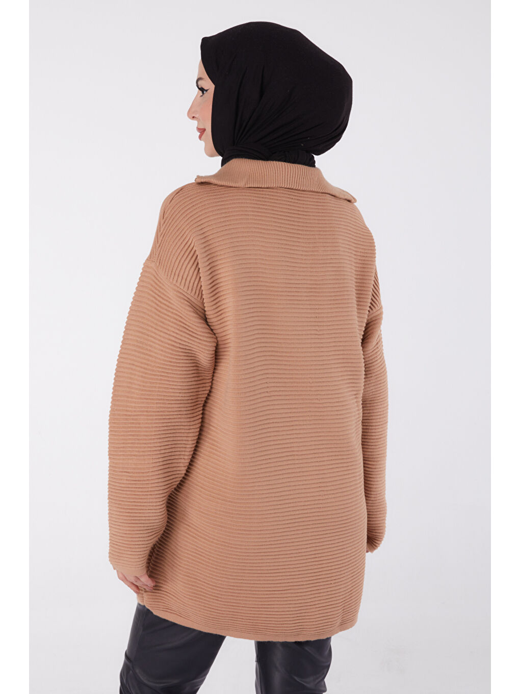 Bej Fitili Fermuarlı Triko Kazak Vizon - 27632-4