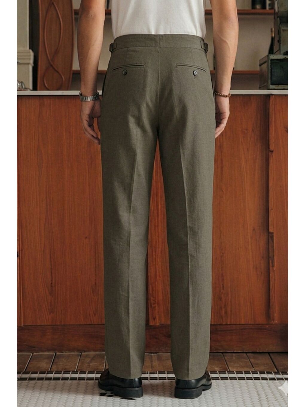 Haki Erkek Pileli Old Money Klasik Kumaş Pantolon Rahat Kalıp Yazlık-2
