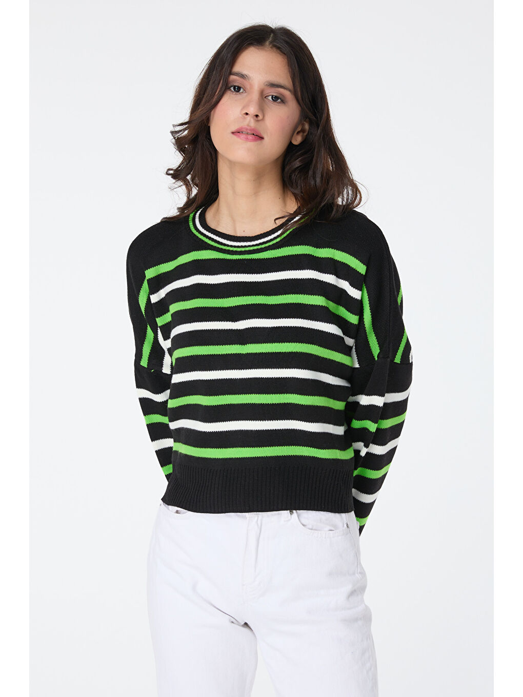 Çizgili Triko Kazak Siyah - 27656-1