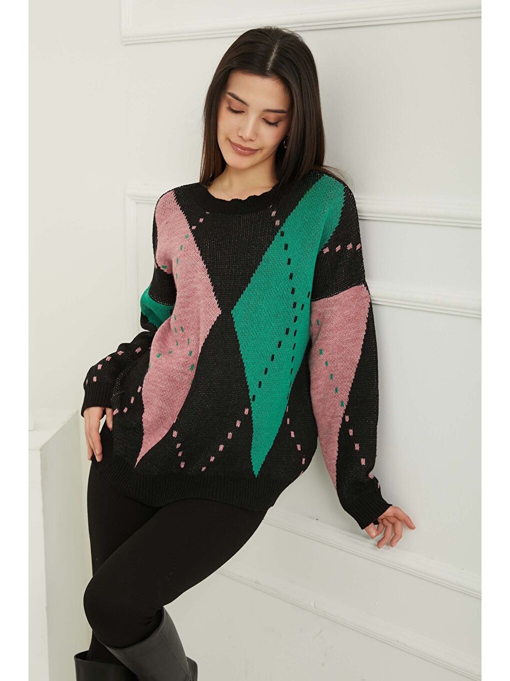 Baklava Desen Triko Kazak D2 Siyah - 27671-8