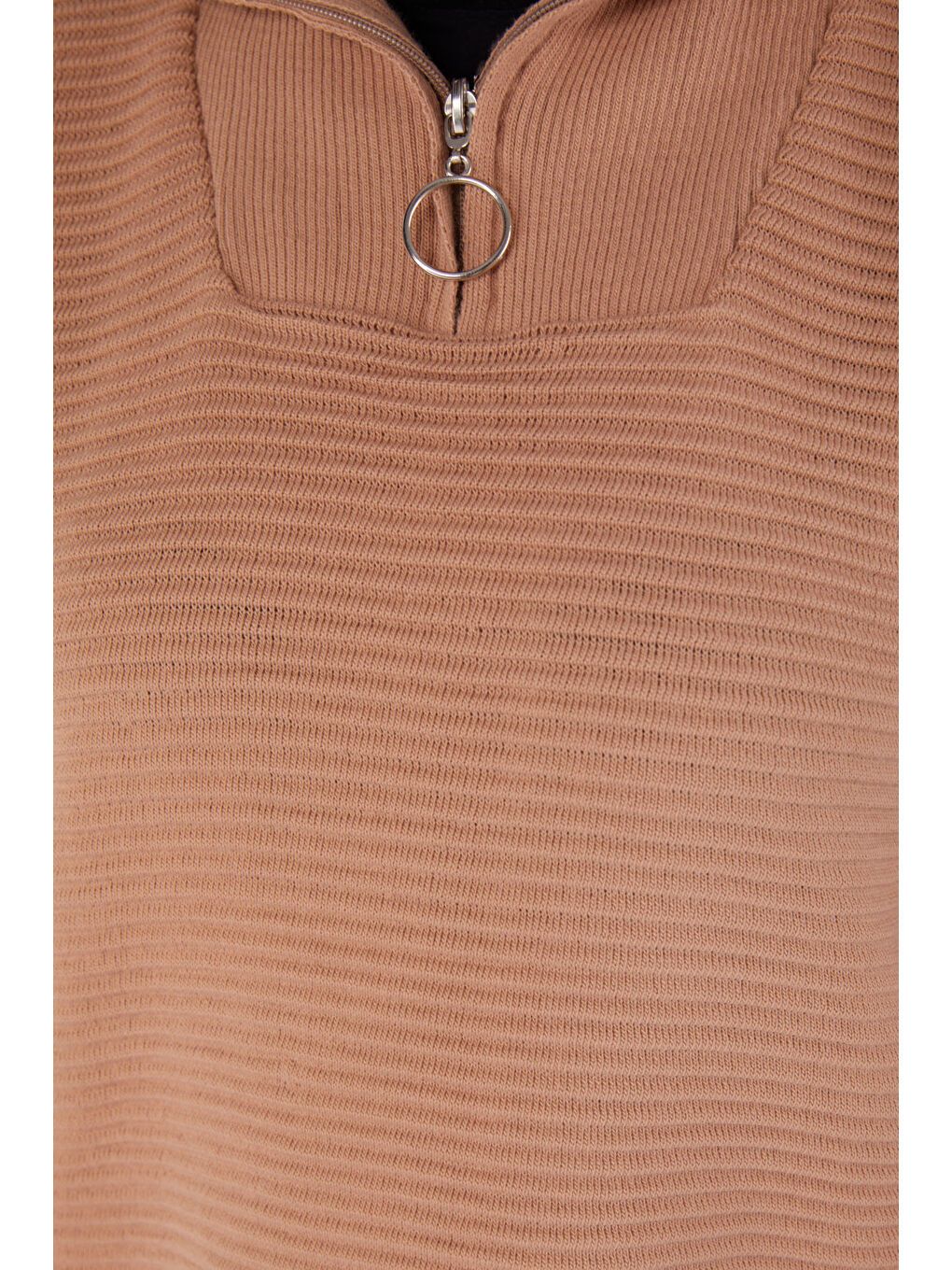 Bej Fitili Fermuarlı Triko Kazak Vizon - 27632-5