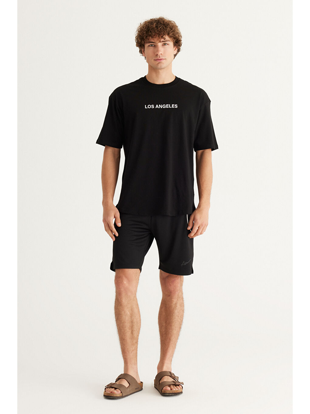 Erkek Siyah Oversize %100 Pamuk Geniş Kesim Baskılı Bisiklet Yaka Tişört-3