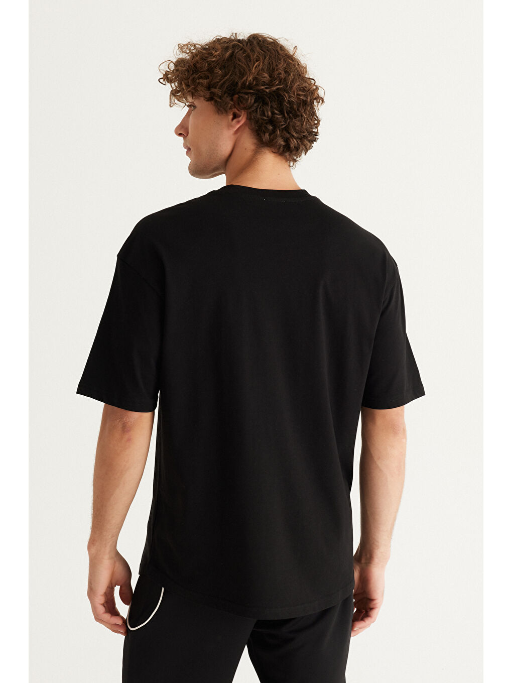 Erkek Siyah Oversize %100 Pamuk Geniş Kesim Baskılı Bisiklet Yaka Tişört-4