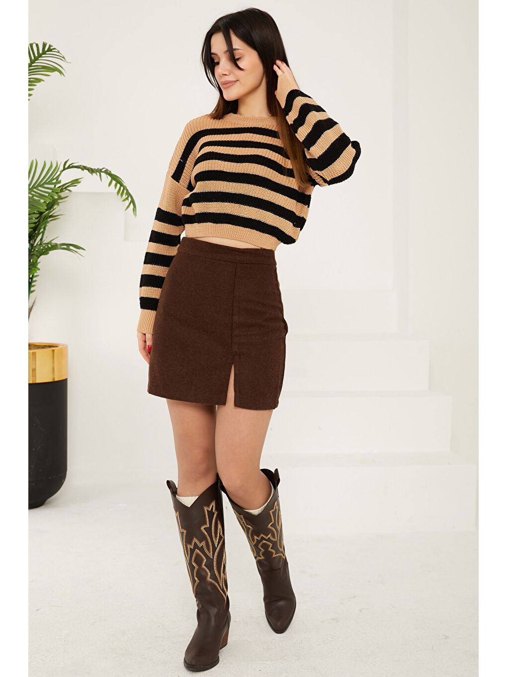 Çizgili Triko Crop Siyah Vizon - 27649-1