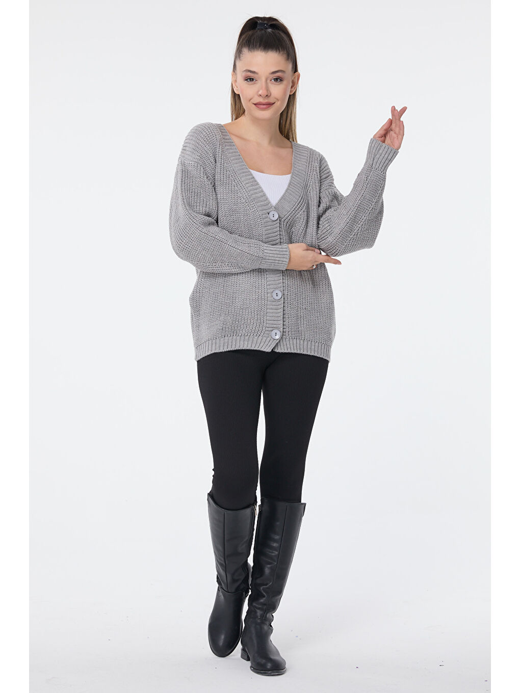 Düğmeli Mini Triko Hırka Gri - 27626-1