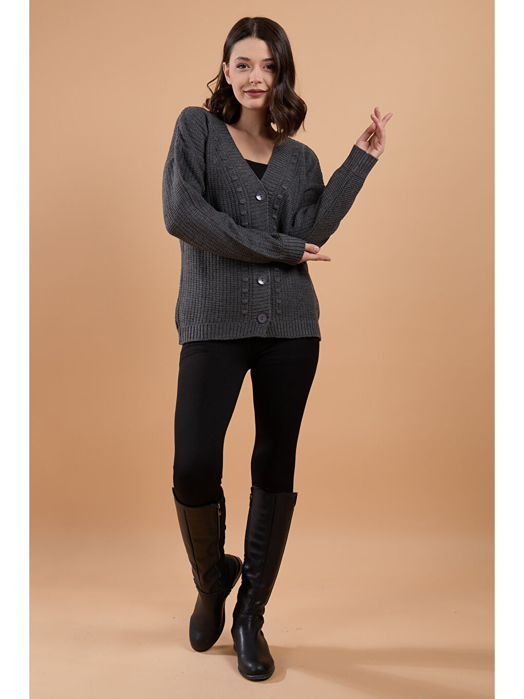 Düğmeli Kabarcık Detaylı Triko Hırka Antrasit - 27648-1