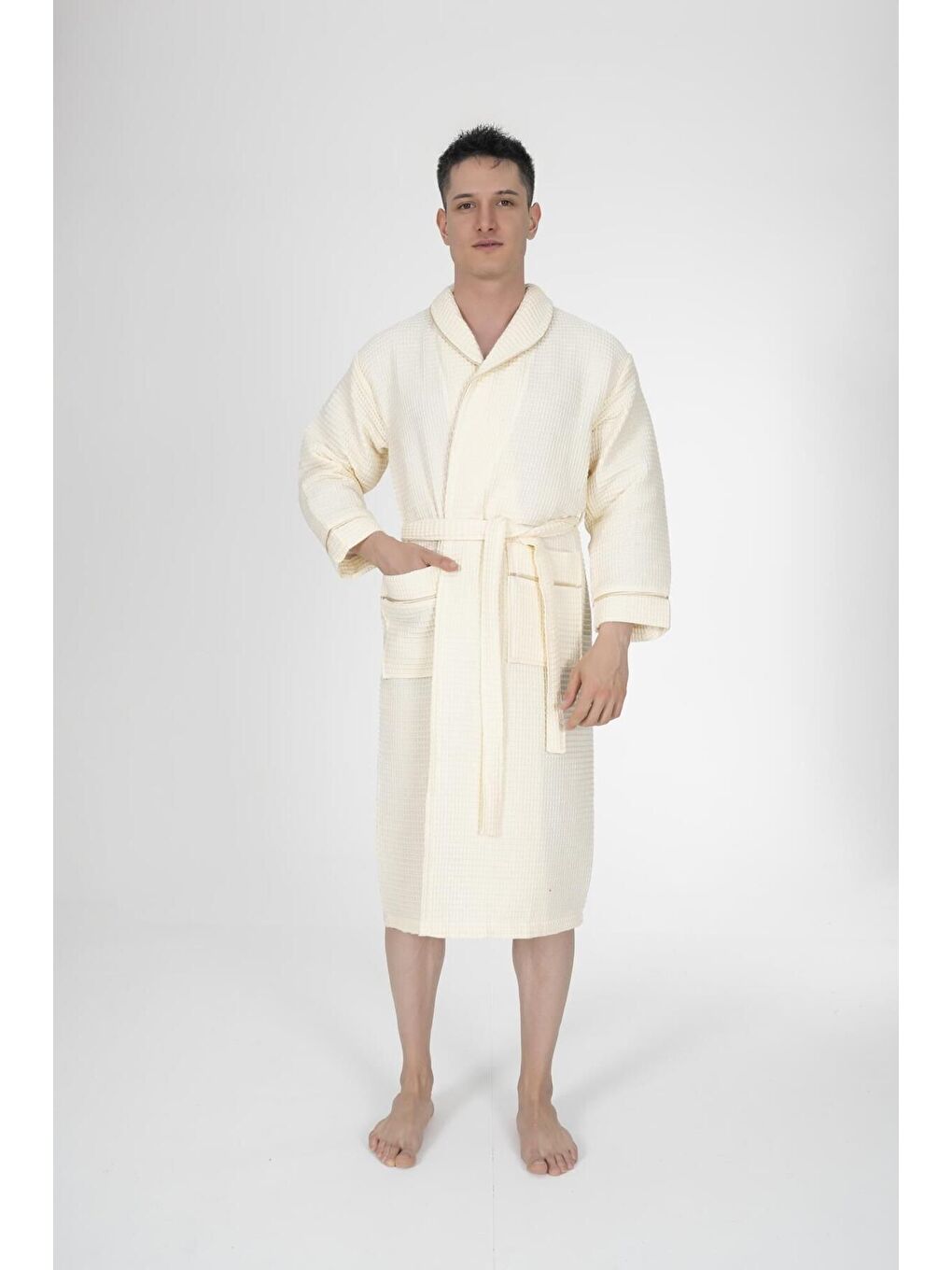 Ekru Kaos Serisi Şal Yaka Pike Bornoz Sabahlık Krem