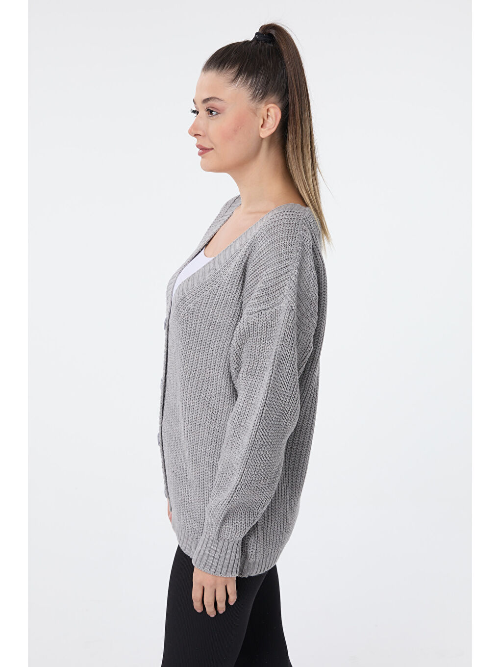 Düğmeli Mini Triko Hırka Gri - 27626-2