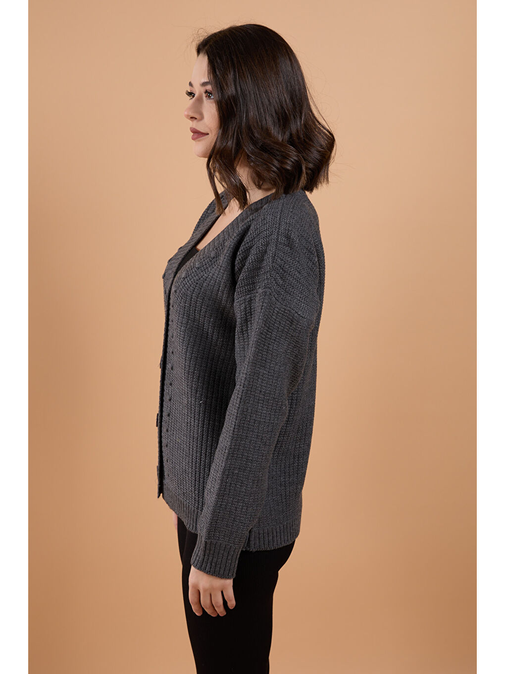 Düğmeli Kabarcık Detaylı Triko Hırka Antrasit - 27648-2