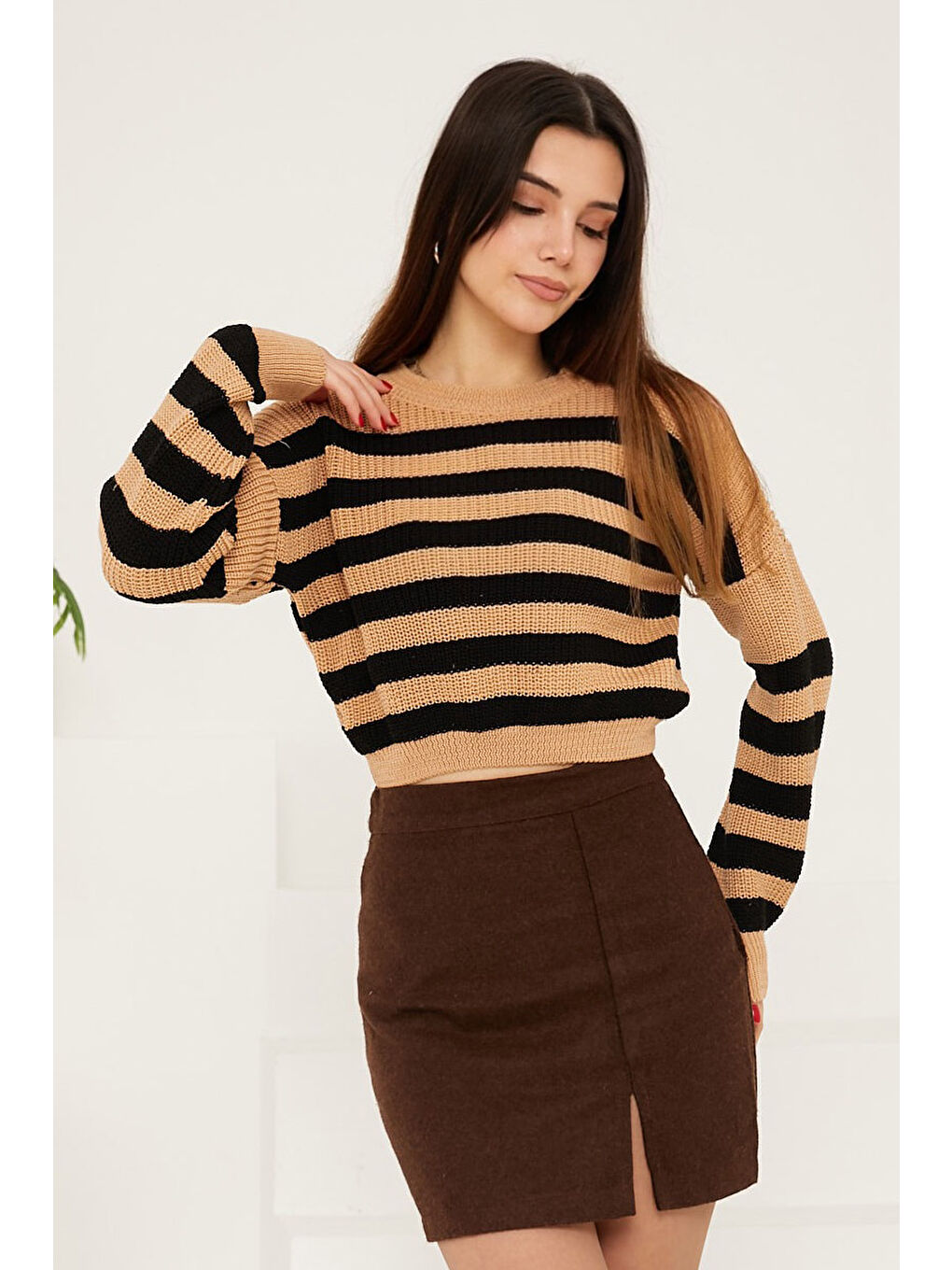 Çizgili Triko Crop Siyah Vizon - 27649-3