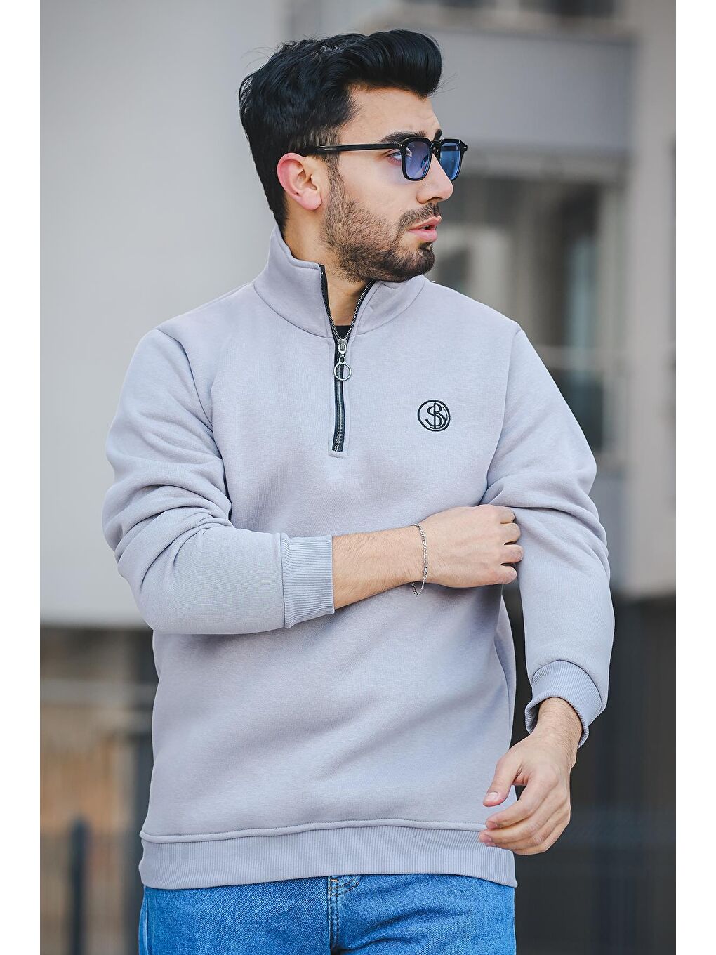 Antrasit Sezza Üç İplik Şardonlu Nakışlı Fermuarlı Dik Yaka Slim Fit Erkek Sweatshirt