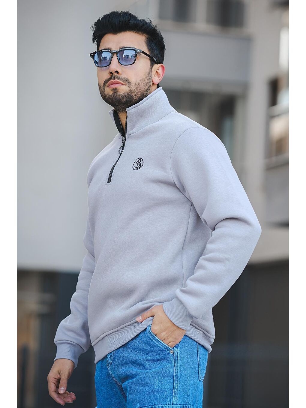 Antrasit Sezza Üç İplik Şardonlu Nakışlı Fermuarlı Dik Yaka Slim Fit Erkek Sweatshirt-1