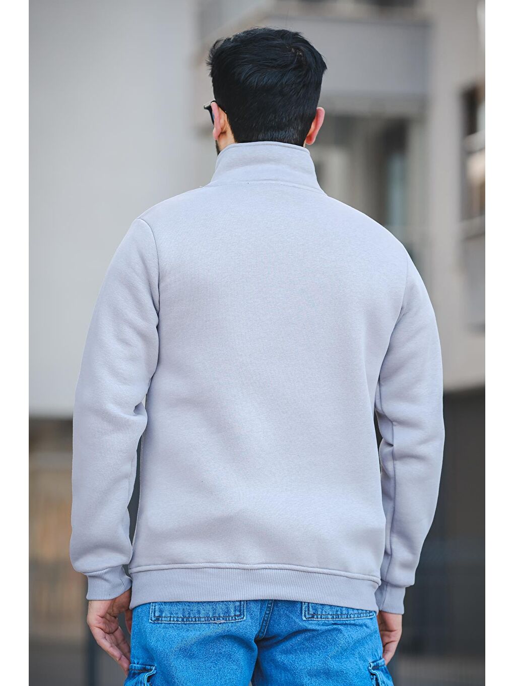 Antrasit Sezza Üç İplik Şardonlu Nakışlı Fermuarlı Dik Yaka Slim Fit Erkek Sweatshirt-3