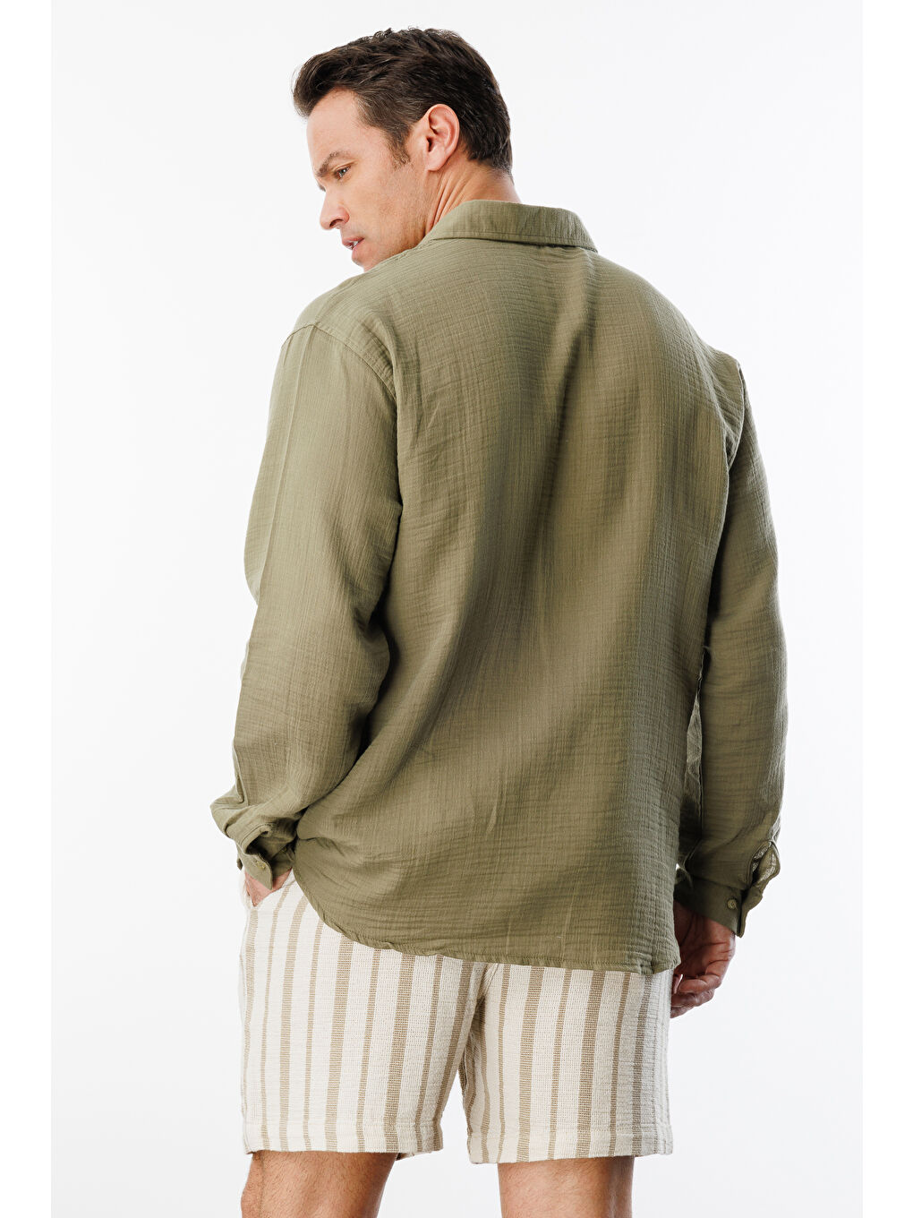Haki Oversize Basic Erkek Müslin Gömlek ERKEK-MÜSLİN-GÖMLEK-4