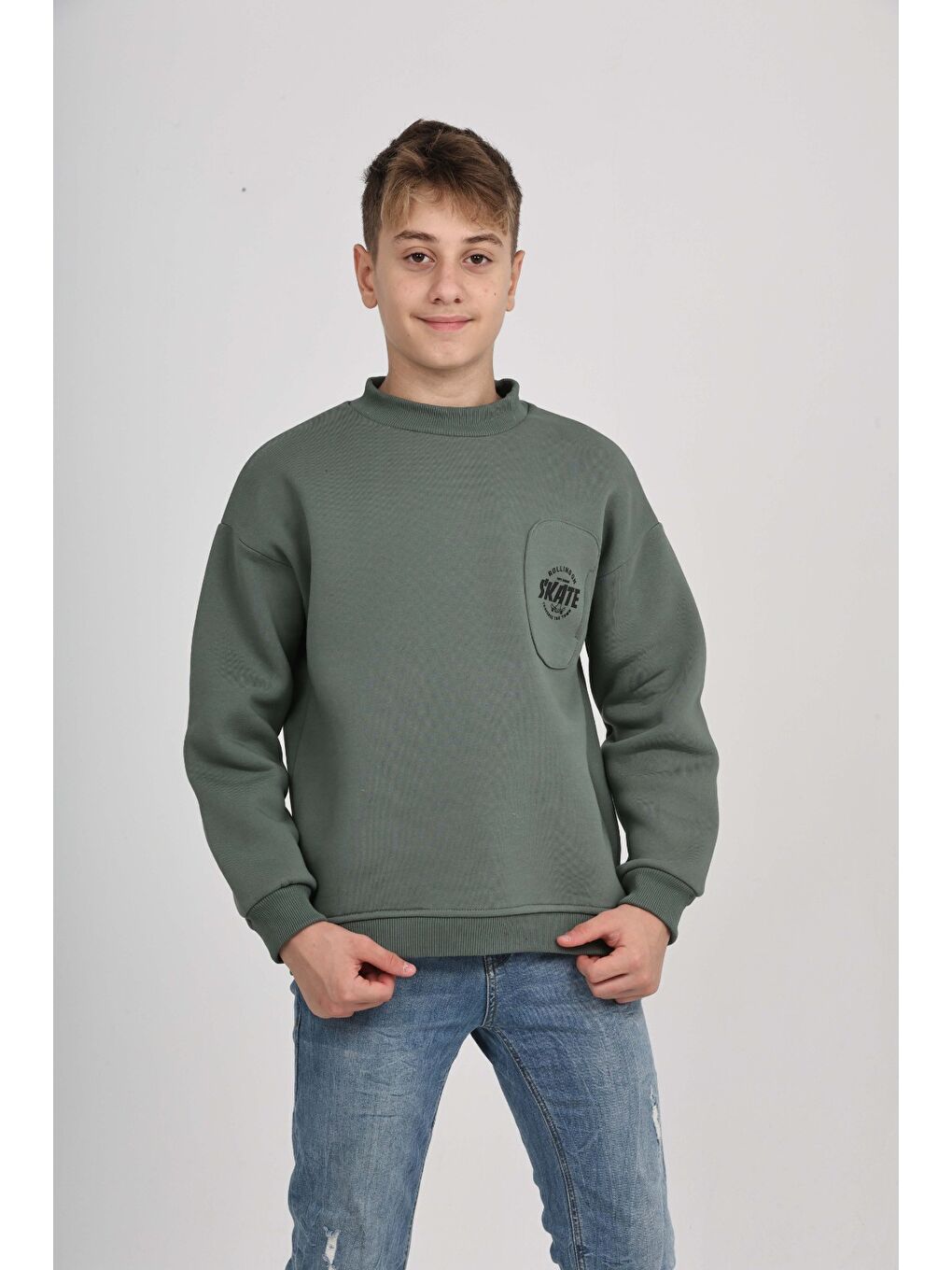 Yeşil Erkek Çocuk Cep Skate Baskılı Sweatshirt
