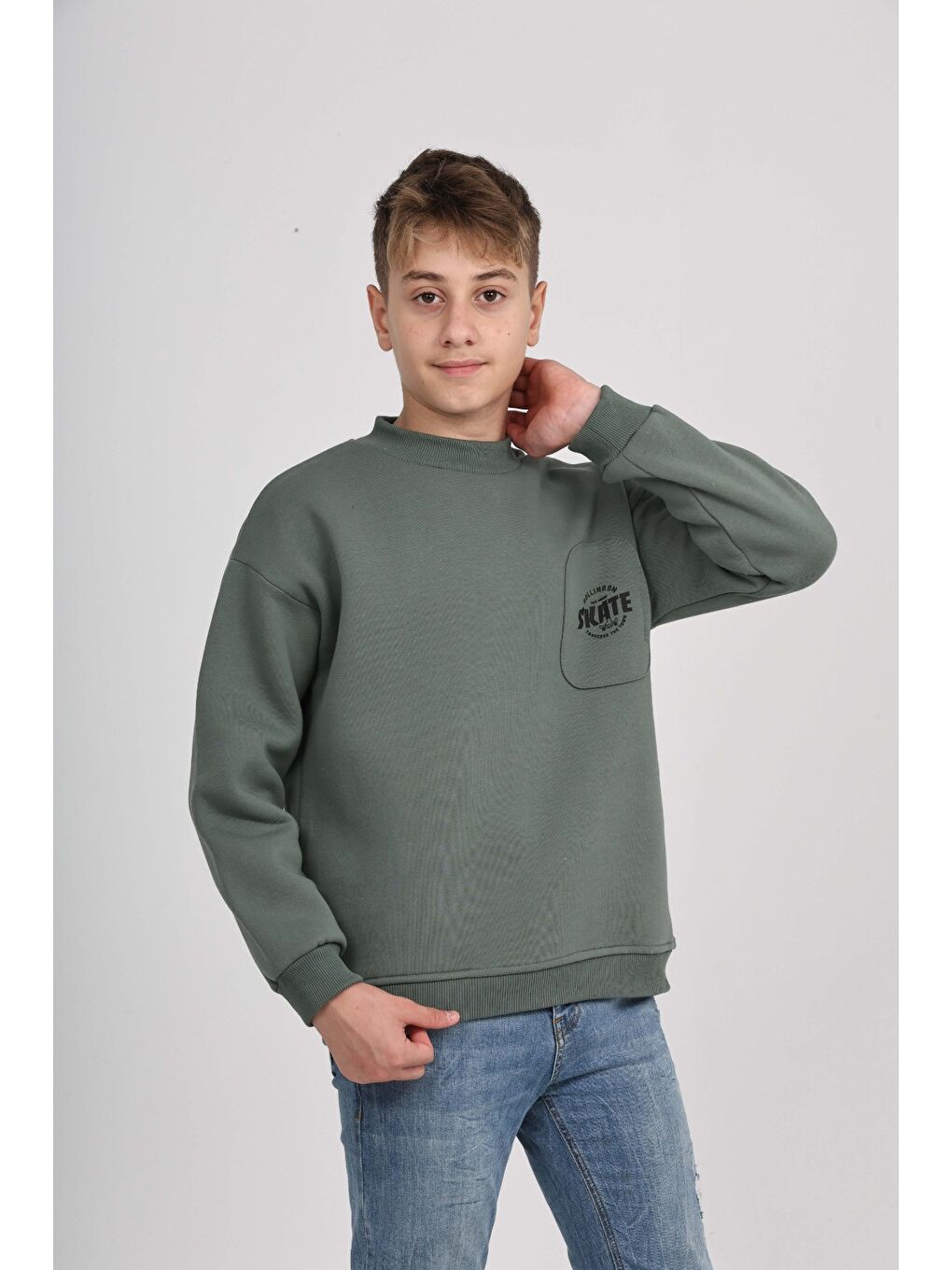 Yeşil Erkek Çocuk Cep Skate Baskılı Sweatshirt-1