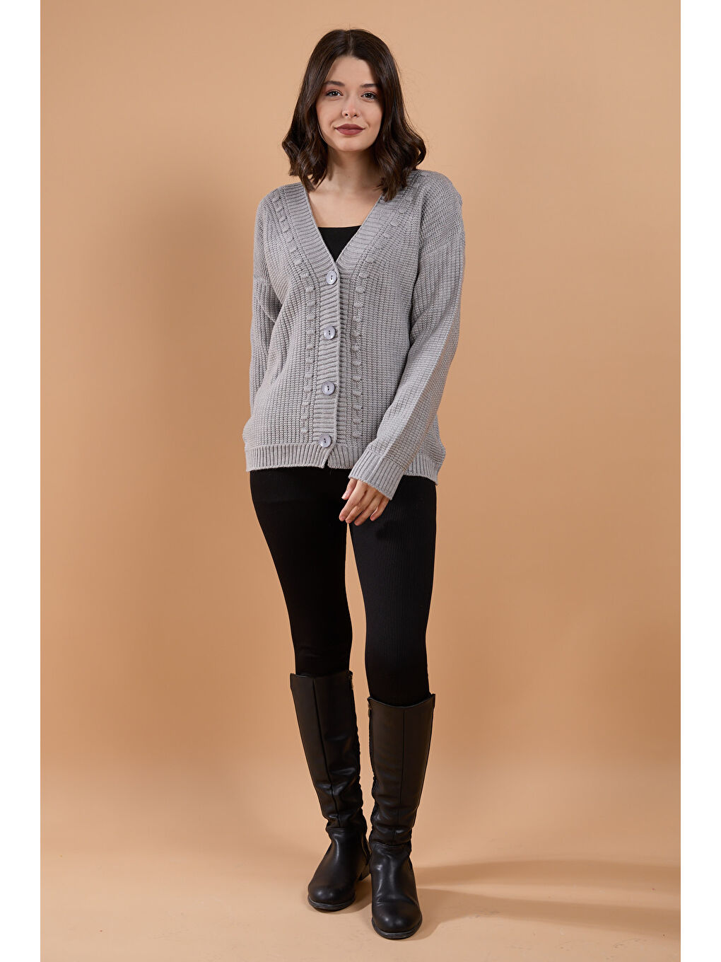 Düğmeli Kabarcık Detaylı Triko Hırka Gri - 27648-1