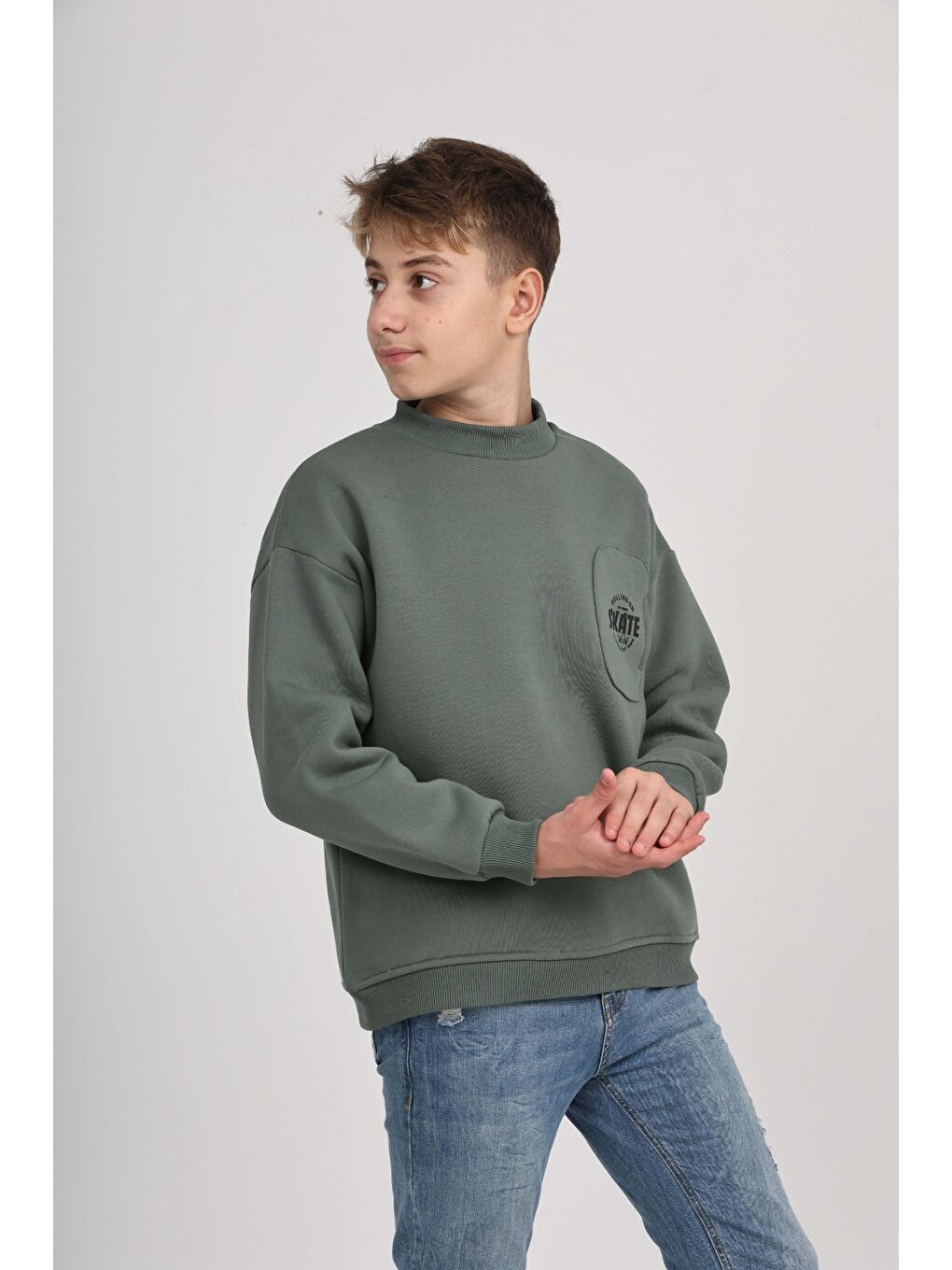 Yeşil Erkek Çocuk Cep Skate Baskılı Sweatshirt-3
