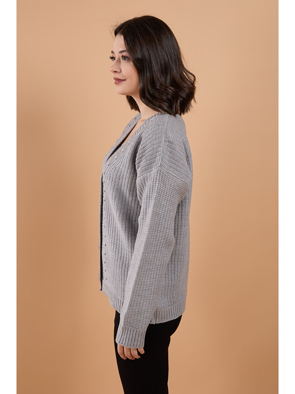 Düğmeli Kabarcık Detaylı Triko Hırka Gri - 27648-2