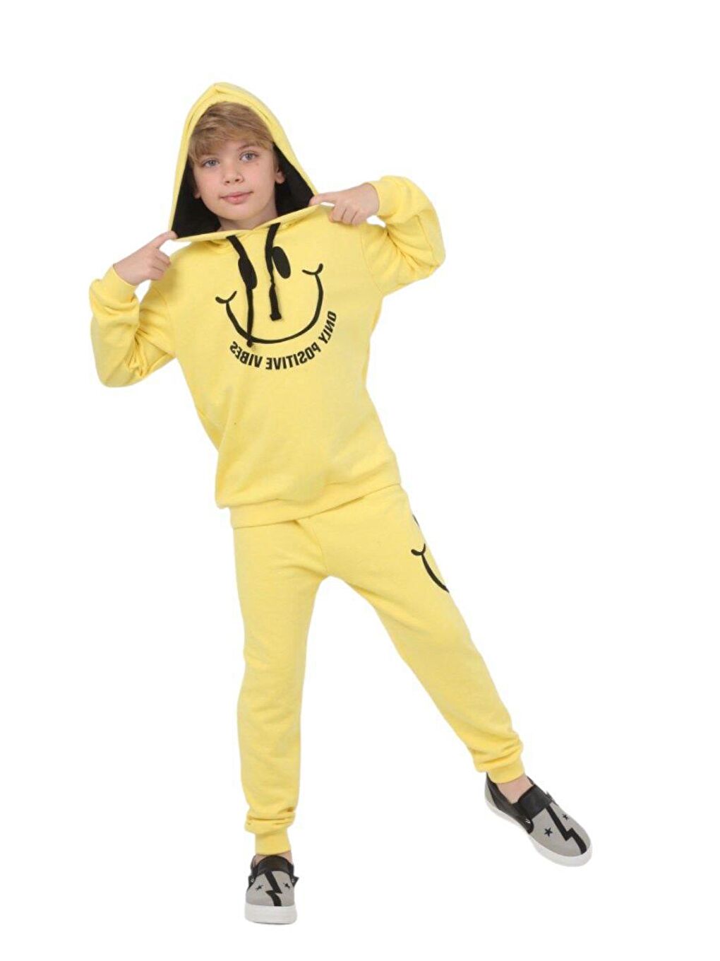 Sarı Smile Yellow Kapüşonlu Monotype Çocuk Alt-Üst Takım LP-23WIN-040-5