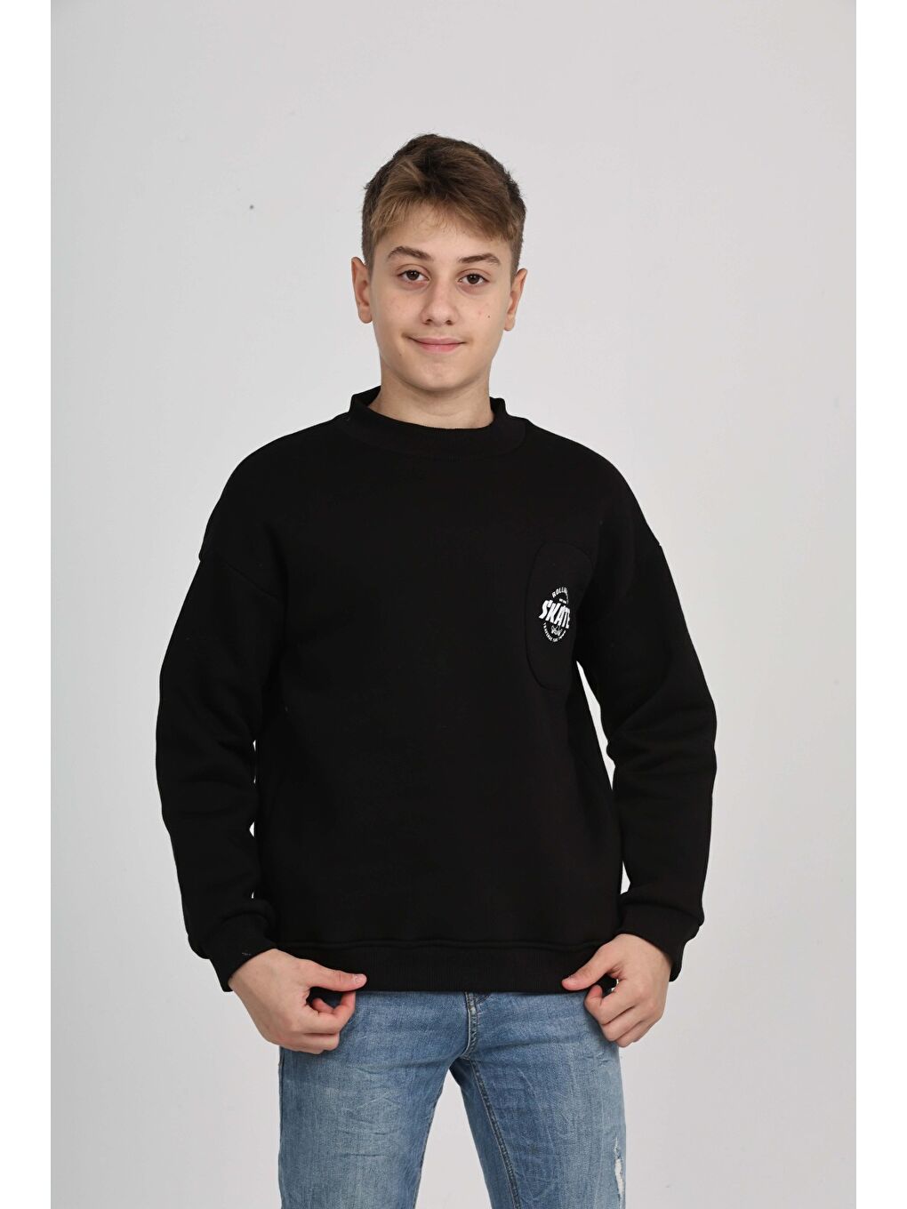 Siyah Erkek Çocuk Cep Skate Baskılı Sweatshirt