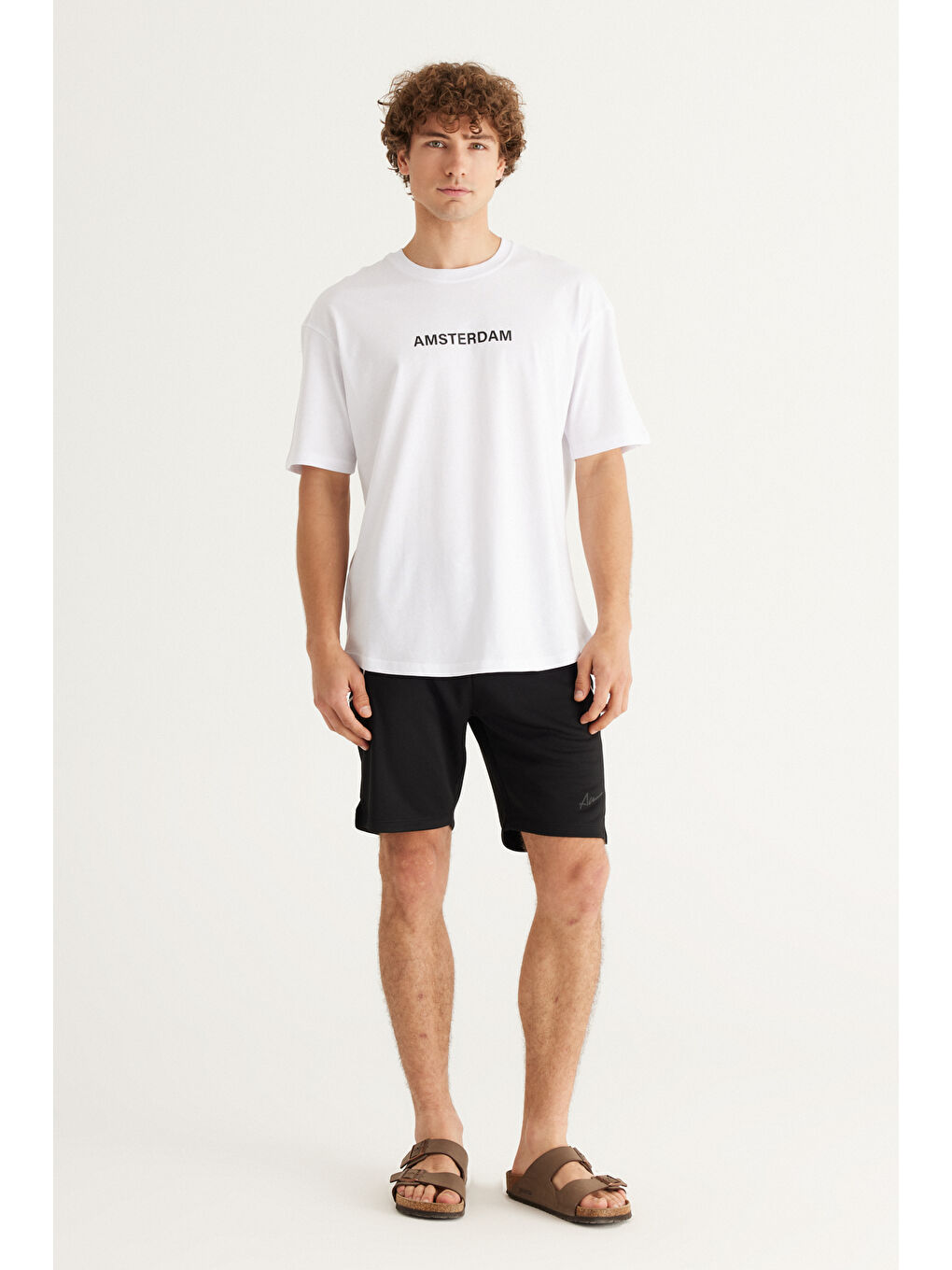 Erkek Beyaz Oversize %100 Pamuk Geniş Kesim Baskılı Bisiklet Yaka Tişört-3