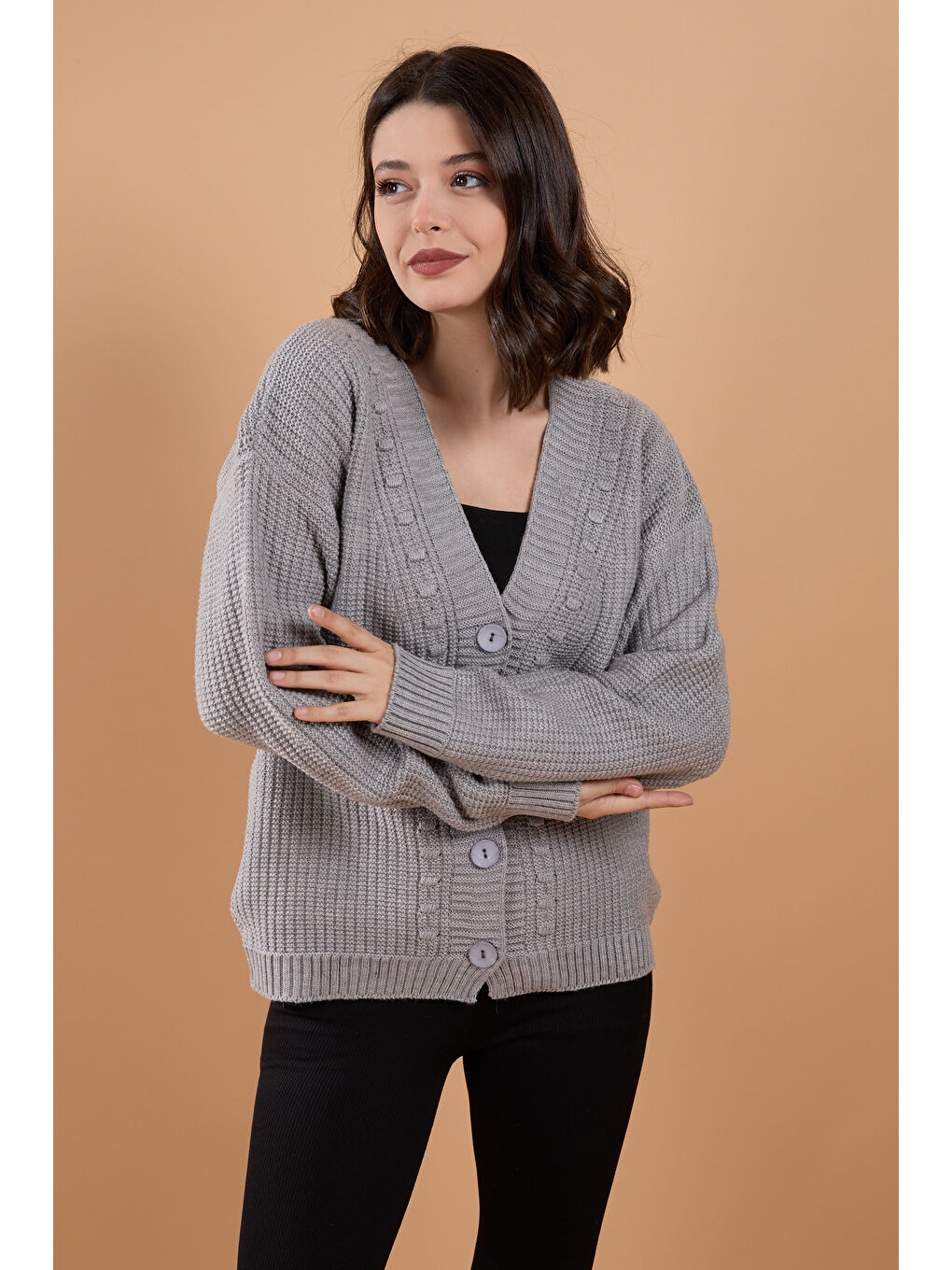 Düğmeli Kabarcık Detaylı Triko Hırka Gri - 27648-3