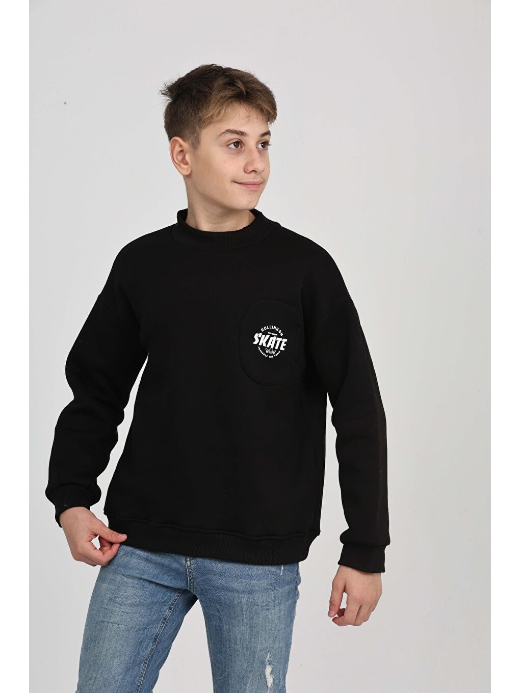 Siyah Erkek Çocuk Cep Skate Baskılı Sweatshirt-1