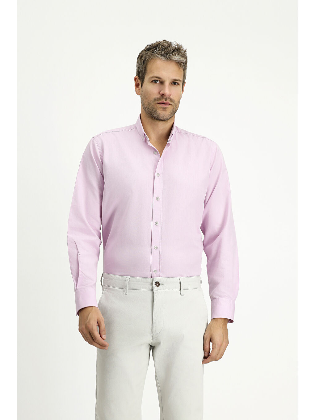 Pembe Uzun Kol Regular Fit Spor Pamuk Düğmeli Yaka Oxford %100 Pamuk Gömlek