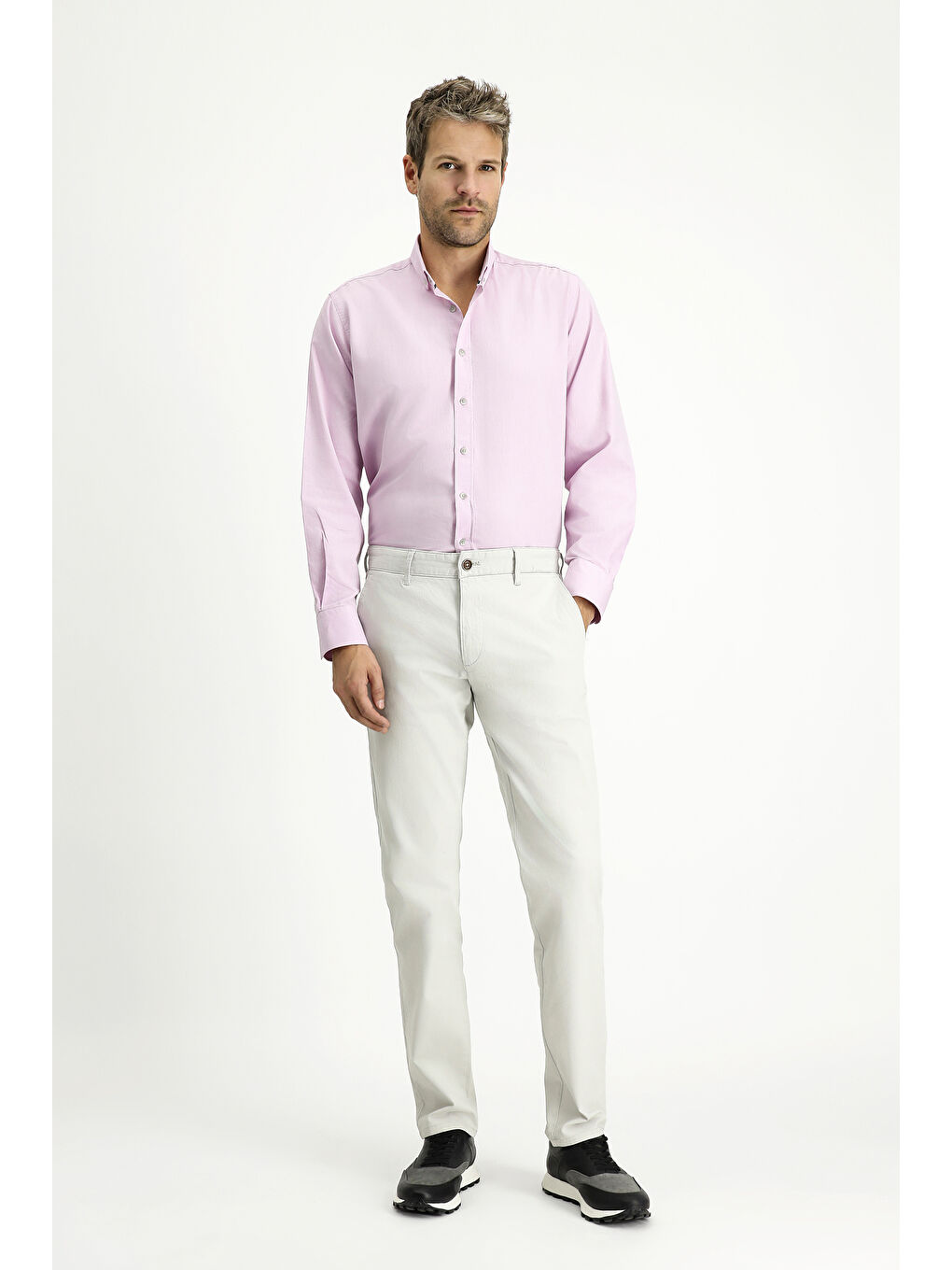 Pembe Uzun Kol Regular Fit Spor Pamuk Düğmeli Yaka Oxford %100 Pamuk Gömlek-1