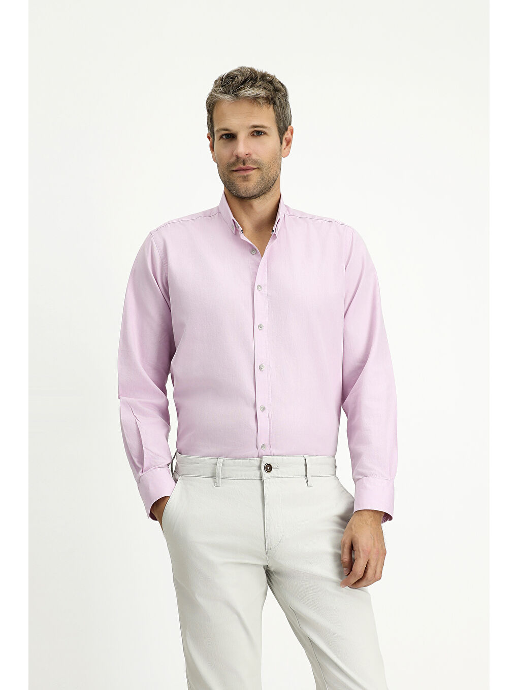 Pembe Uzun Kol Regular Fit Spor Pamuk Düğmeli Yaka Oxford %100 Pamuk Gömlek-2
