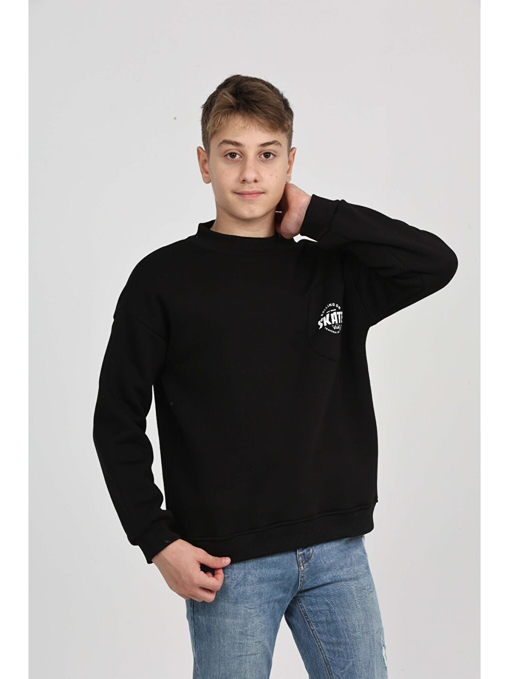 Siyah Erkek Çocuk Cep Skate Baskılı Sweatshirt-2