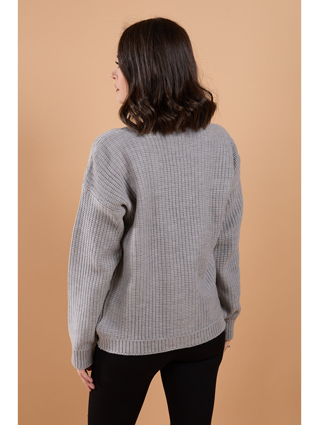 Düğmeli Kabarcık Detaylı Triko Hırka Gri - 27648-4