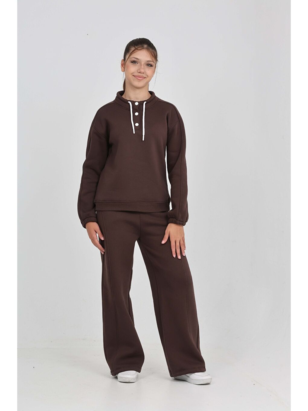 Kahverengi Kız Çocuk Yaka Çıtçıtlı Eşofman Takım