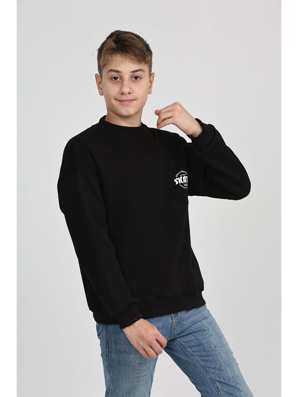 Siyah Erkek Çocuk Cep Skate Baskılı Sweatshirt-3