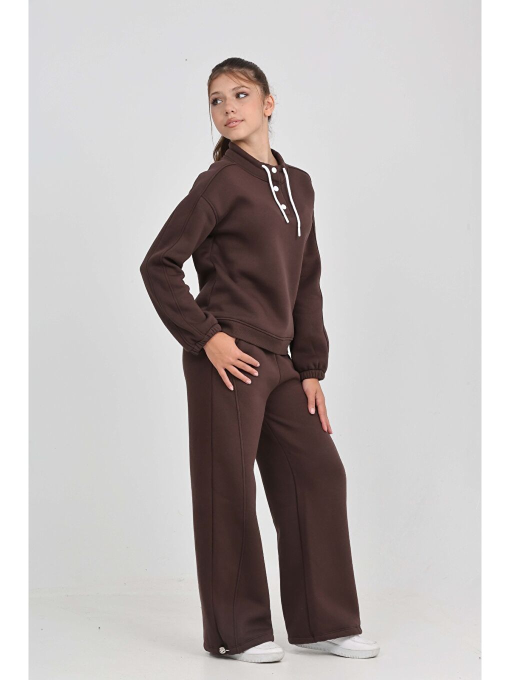 Kahverengi Kız Çocuk Yaka Çıtçıtlı Eşofman Takım-1