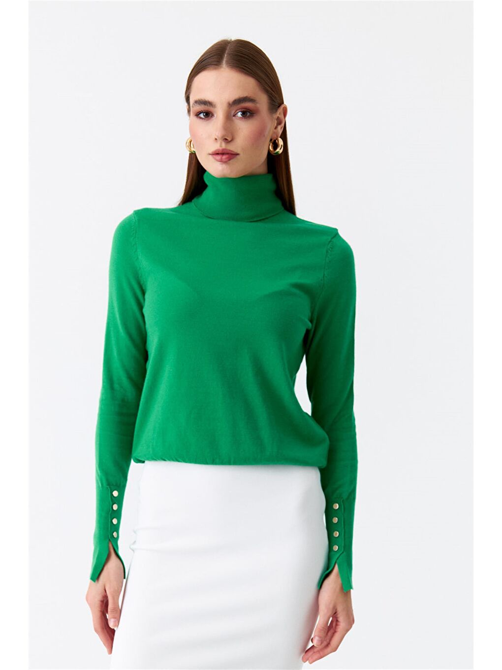 Balıkçı Yaka Kol Droplu Triko Yeşil Kadın Kazak