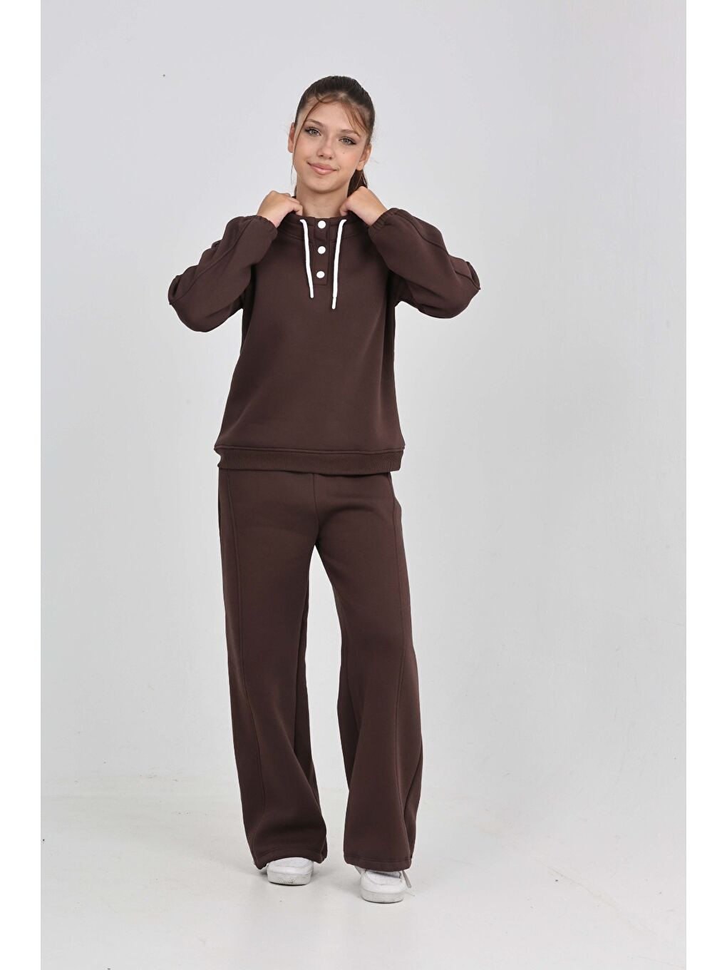 Kahverengi Kız Çocuk Yaka Çıtçıtlı Eşofman Takım-3