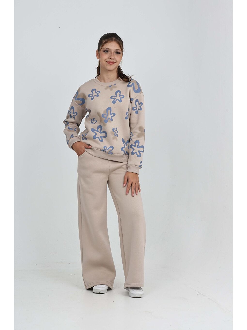 Bej Kız Çocuk Çiçek Baskılı Eşofman Takım-1