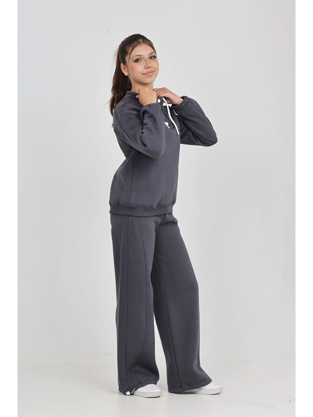 Antrasit Kız Çocuk Yaka Çıtçıtlı Eşofman Takım-1