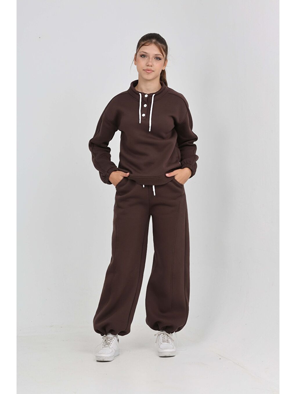 Kahverengi Kız Çocuk Yaka Çıtçıtlı Eşofman Takım-4