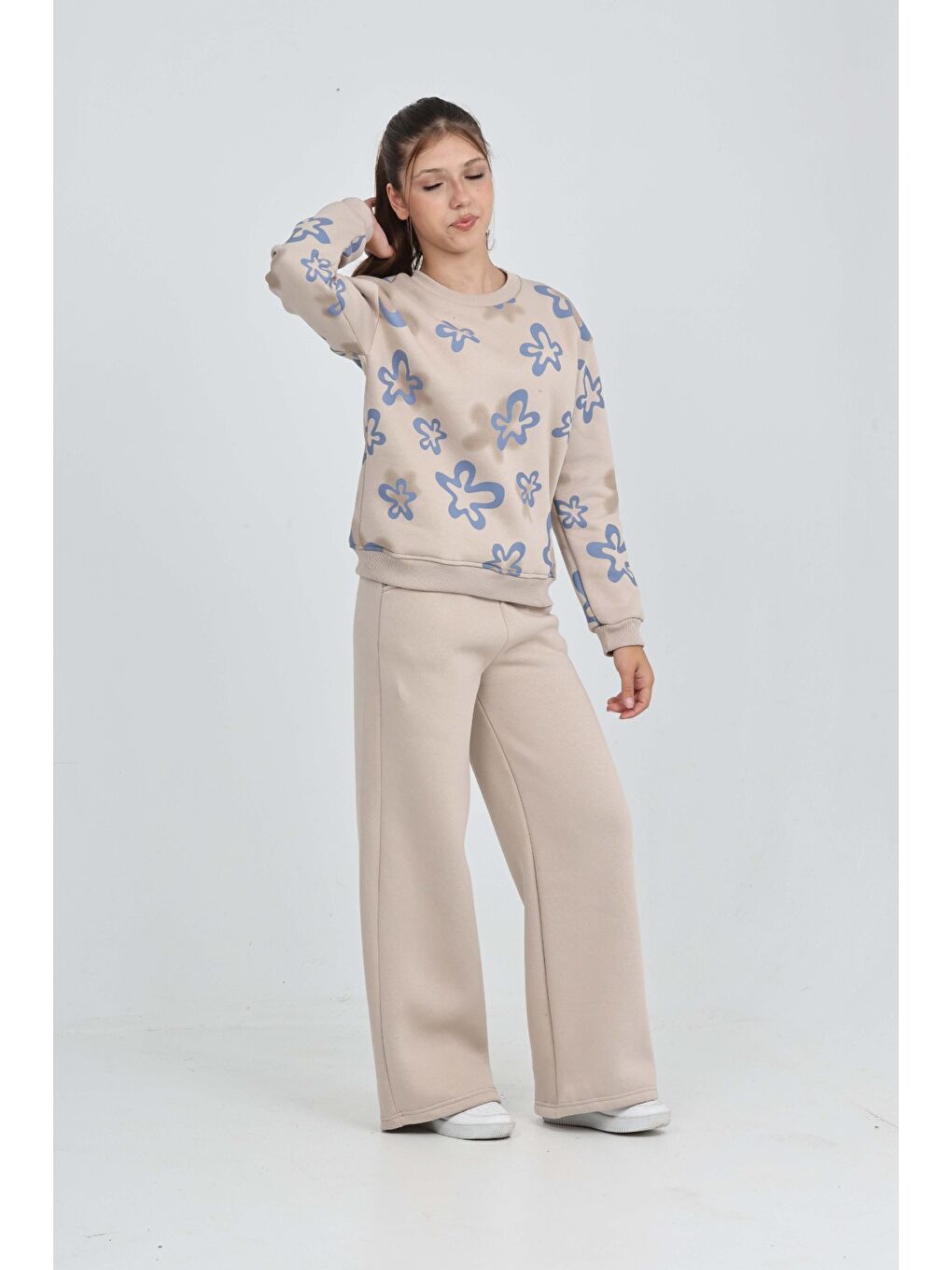 Bej Kız Çocuk Çiçek Baskılı Eşofman Takım-2