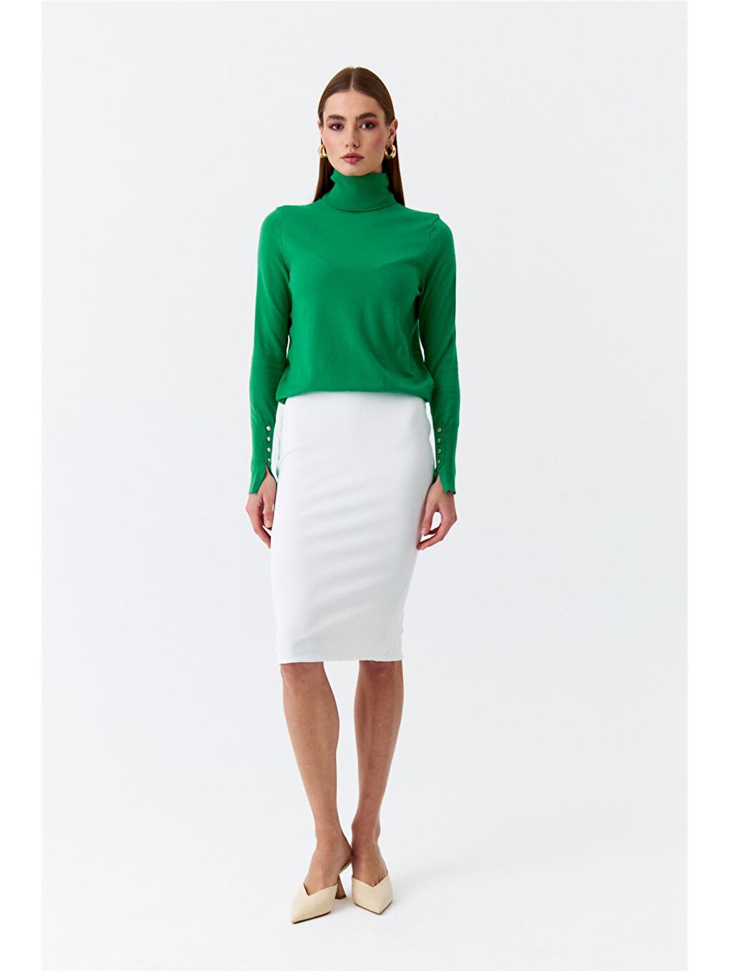 Balıkçı Yaka Kol Droplu Triko Yeşil Kadın Kazak-1