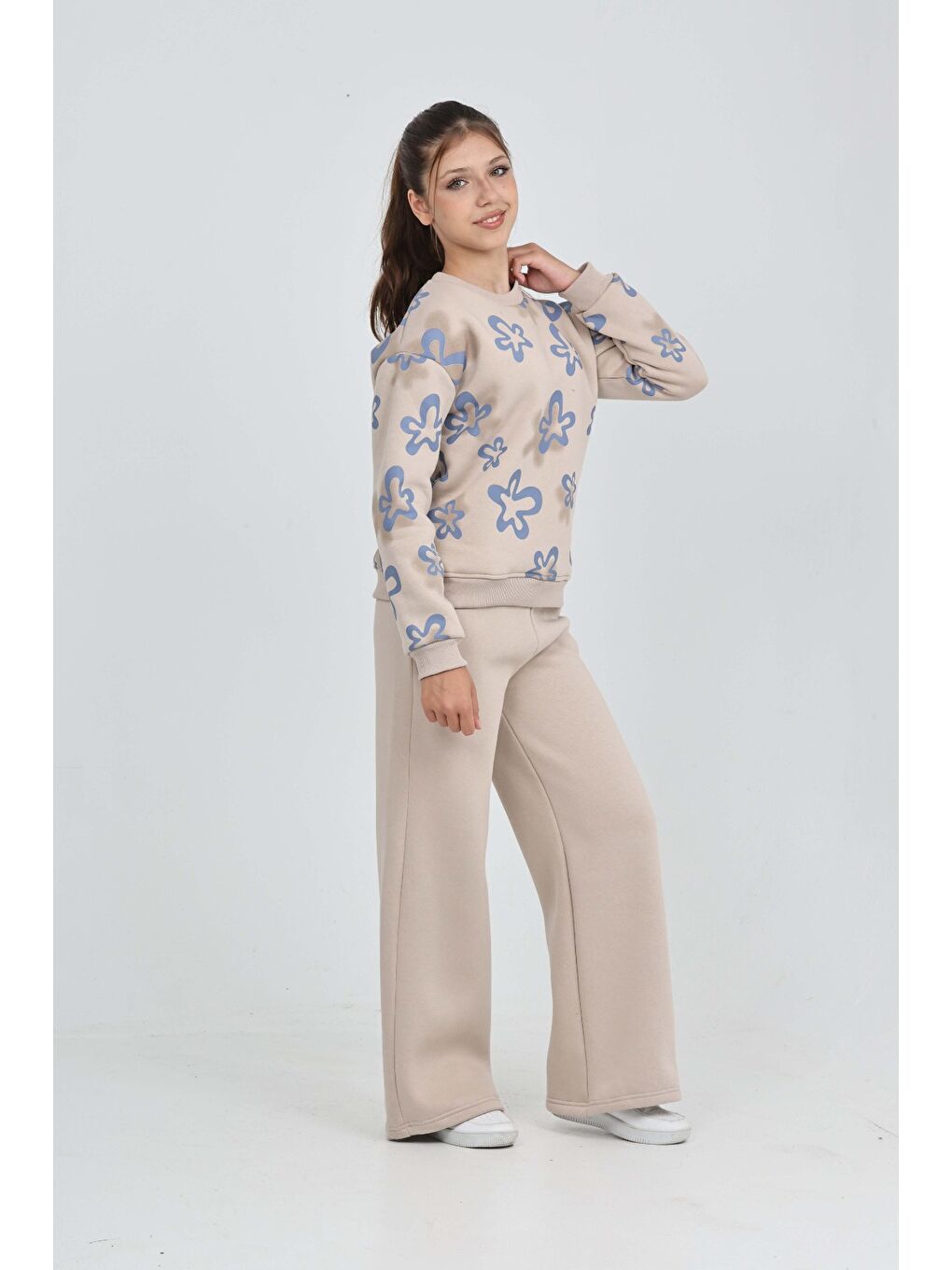 Bej Kız Çocuk Çiçek Baskılı Eşofman Takım-3