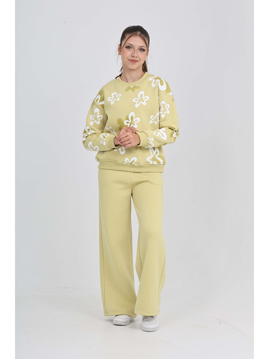 Yeşil Kız Çocuk Çiçek Baskılı Eşofman Takım-1