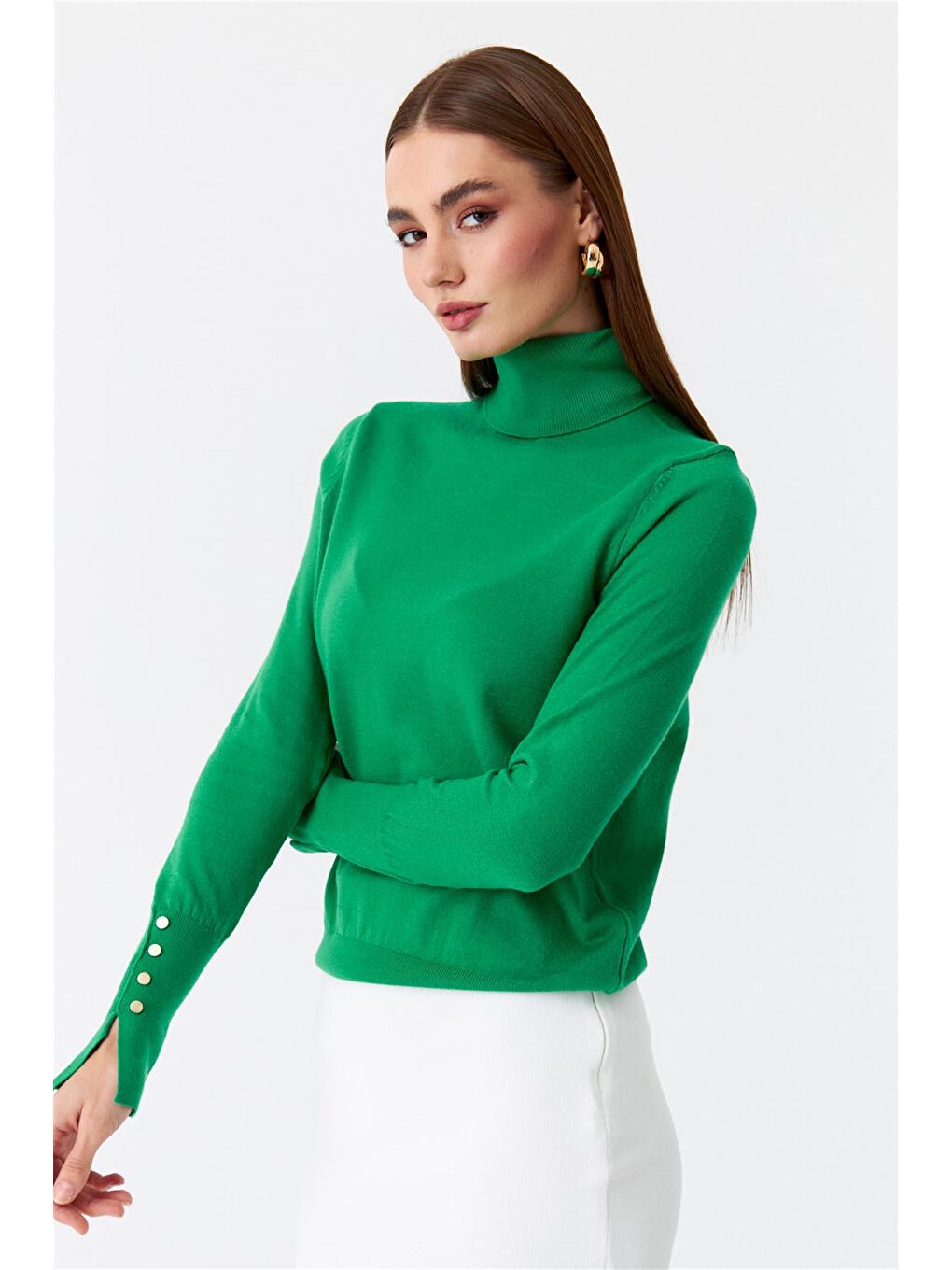 Balıkçı Yaka Kol Droplu Triko Yeşil Kadın Kazak-2