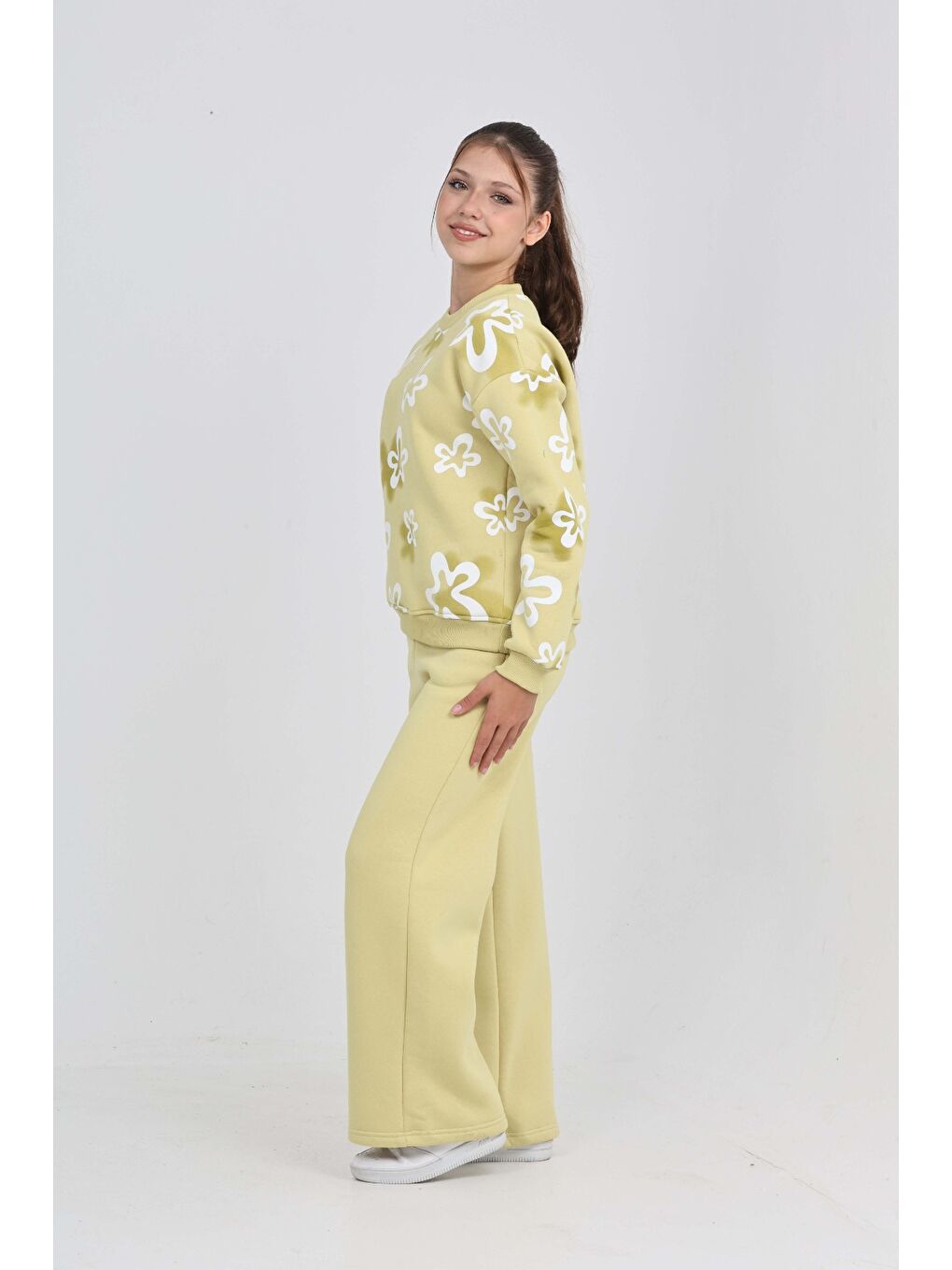 Yeşil Kız Çocuk Çiçek Baskılı Eşofman Takım-3